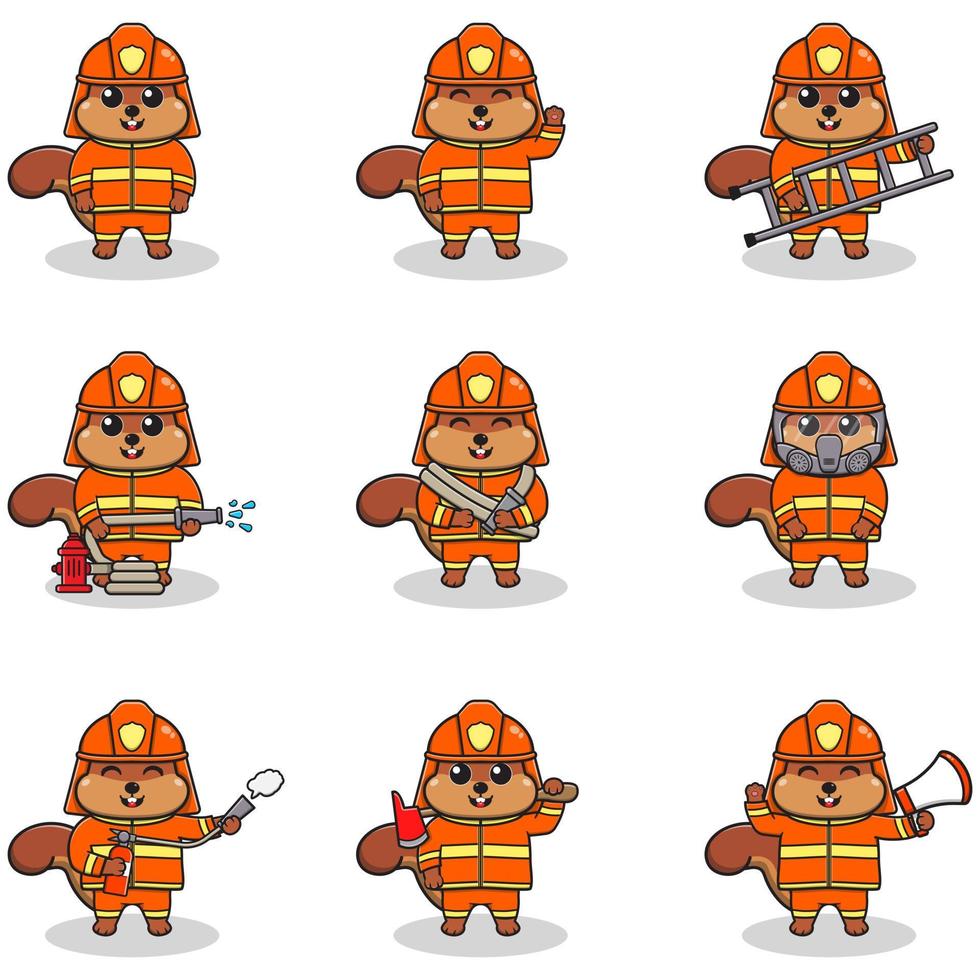 vectorillustratie van eekhoorn cartoon met brandweerman kostuum. set van schattige eekhoorn karakters. verzameling van grappige eekhoorn geïsoleerd op een witte achtergrond. vector