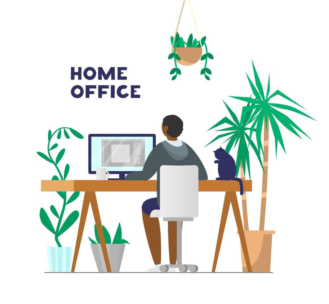 Afro-Amerikaanse man aan het werk op de computer vanuit huis. kantoor aan huis met planten en kat. platte vectorillustratie. vector