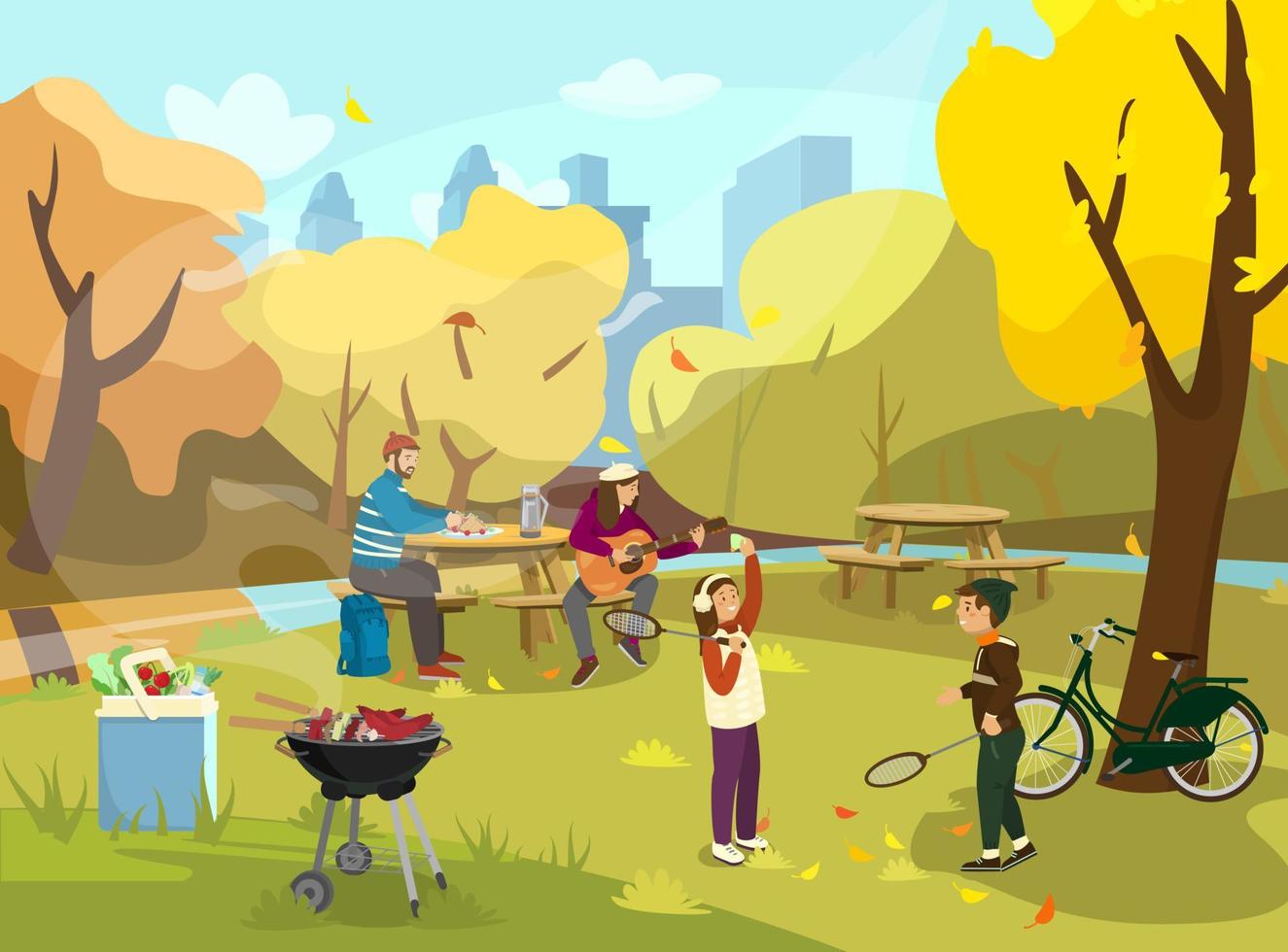 vectorillustratie van familie met picknick in herfst park. kinderen die badminton spelen. vrouw gitaar spelen, man zit aan de tafel met broodjes en thermoskan. barbecue met eten, koeltas. vector