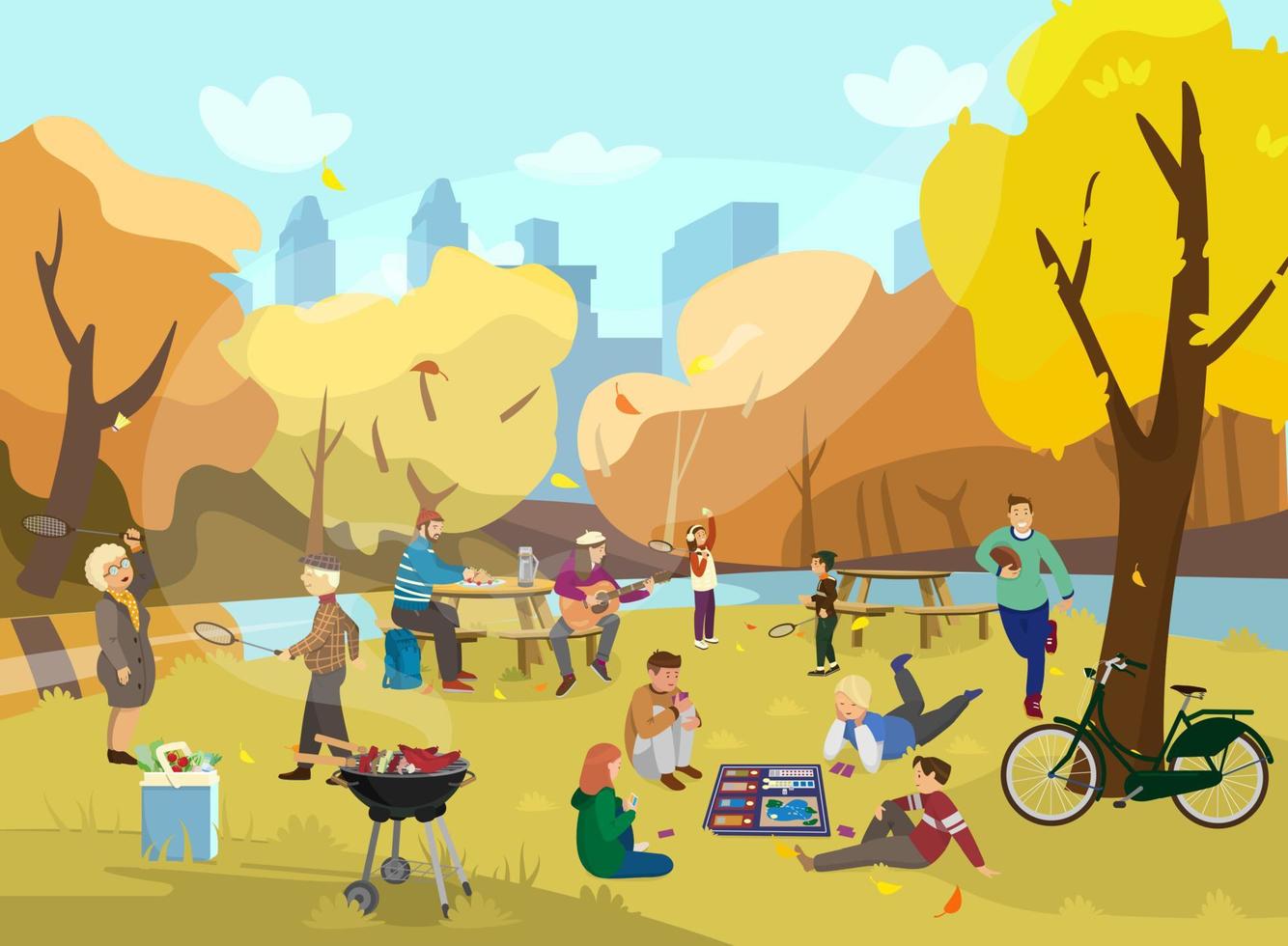 herfstparkscène met veel mensen. kinderen die een bordspel spelen, oudere mensen die badminton spelen, een paar picknicken, een vrouw die gitaar speelt, een jongen die rugby speelt. grill met worstjes, koeltas.vector vector