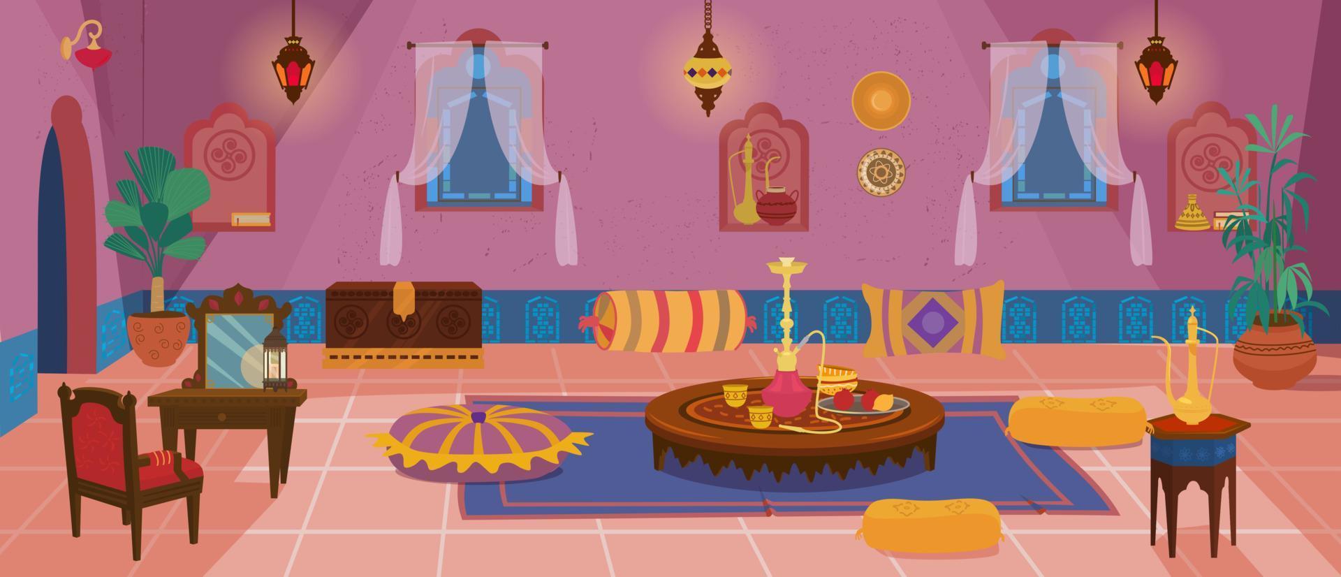 traditionele Midden-Oosterse woonkamer met meubels en decoratie-elementen. Marokkaanse of Indiase interieur. tekenfilmvector. vector