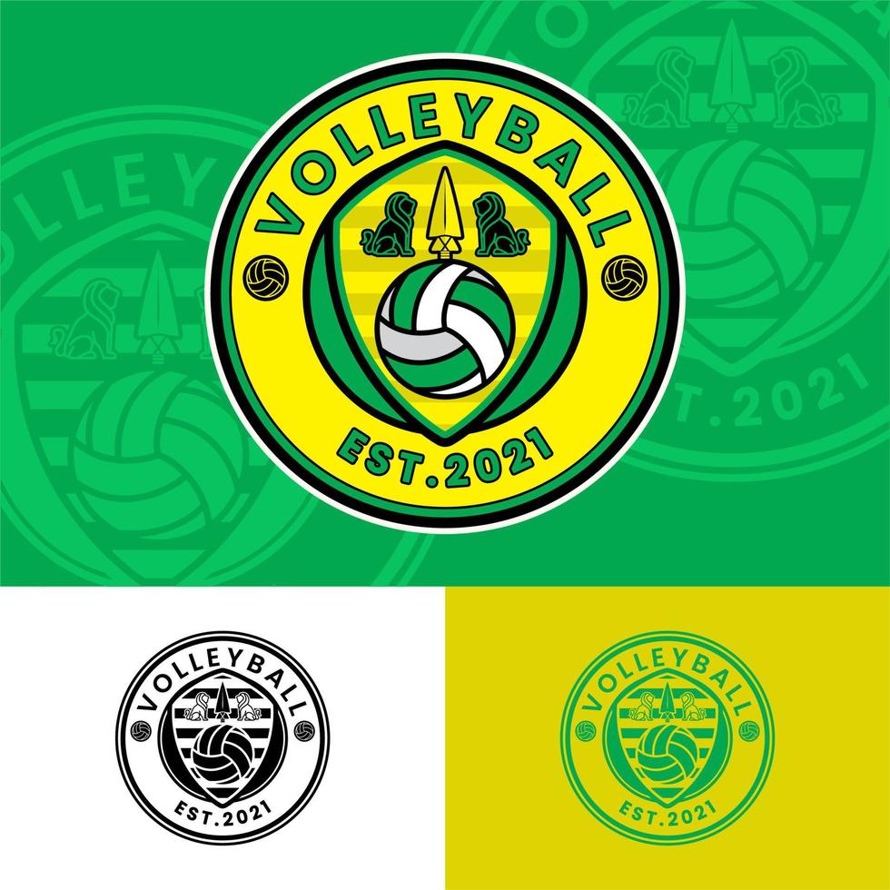 ronde volleybal badge met leeuw en speer logo, volleybal sport logo inspiratie ontwerp vector