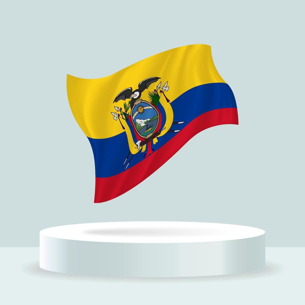 Ecuadoriaanse vlag. 3D-weergave van de vlag weergegeven op de stand. wapperende vlag in moderne pastelkleuren. markeer tekenen, arcering en kleur op afzonderlijke lagen, netjes in groepen voor eenvoudige bewerking. vector