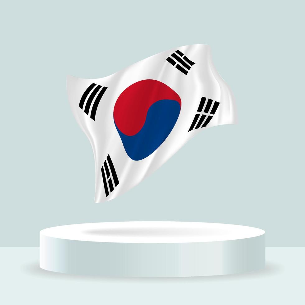 Zuid-Koreaanse vlag. 3D-weergave van de vlag weergegeven op de stand. wapperende vlag in moderne pastelkleuren. markeer tekenen, arcering en kleur op afzonderlijke lagen, netjes in groepen voor eenvoudige bewerking. vector