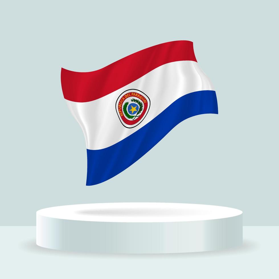 vlag van paraguay. 3D-weergave van de vlag weergegeven op de stand. wapperende vlag in moderne pastelkleuren. markeer tekenen, arcering en kleur op afzonderlijke lagen, netjes in groepen voor eenvoudige bewerking. vector