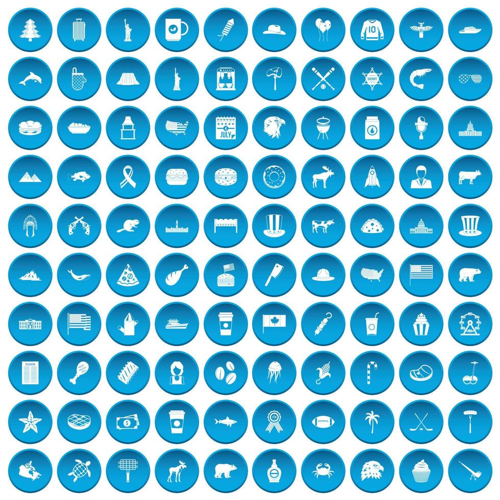 100 Noord-Amerika iconen set blauw vector