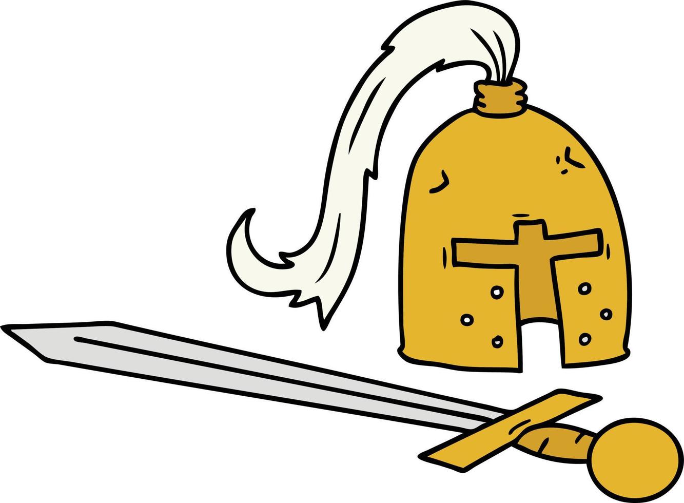 cartoon doodle van een middeleeuwse helm en zwaard vector