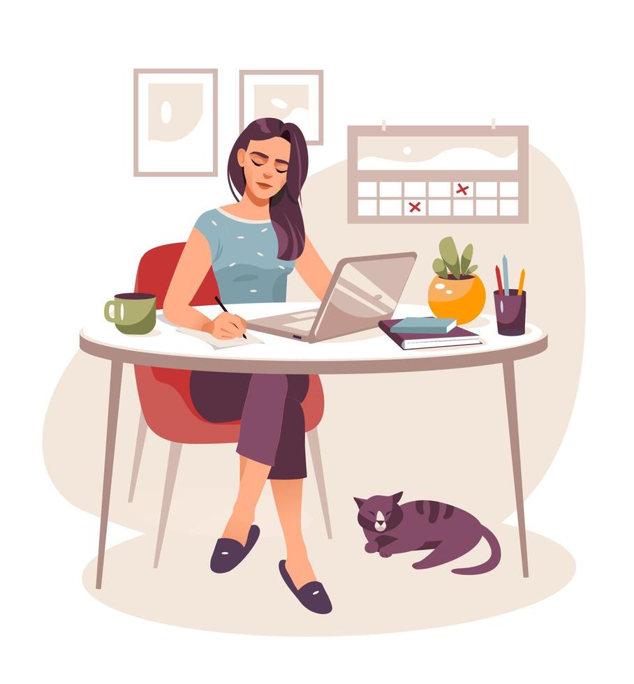 kantoor aan huis concept. vrouw die thuis werkt, student of freelancer. vector illustratie