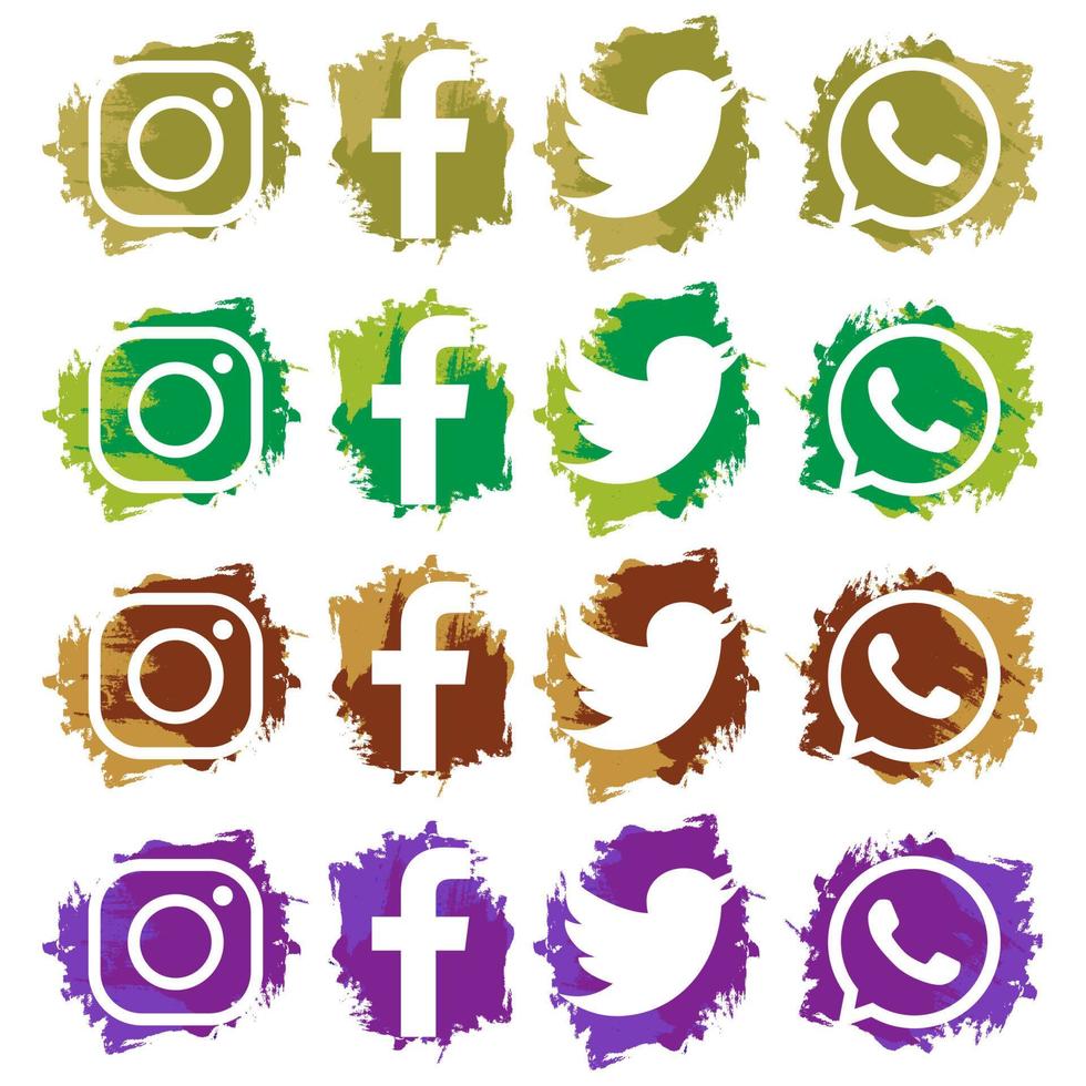 set van populaire sociale media iconen met abstracte borstel achtergrond vector