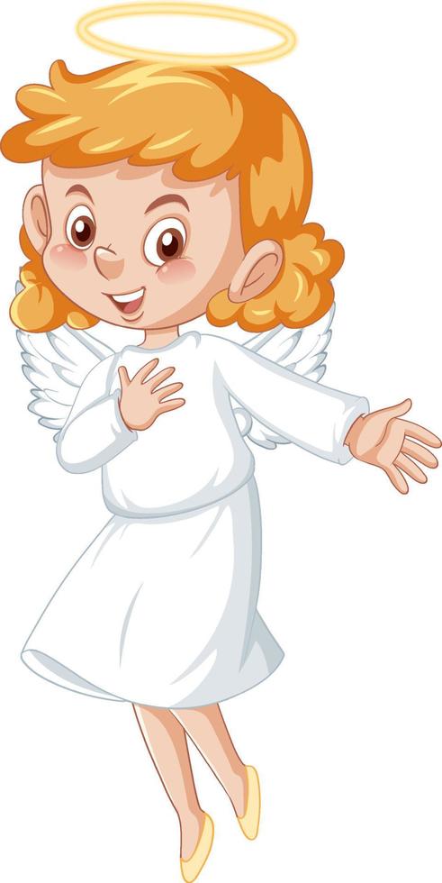 schattig engel stripfiguur in witte jurk op witte achtergrond vector