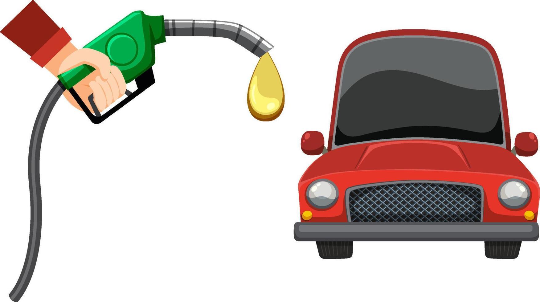 een rode auto en brandstofmondstuk met oliedruppel vector