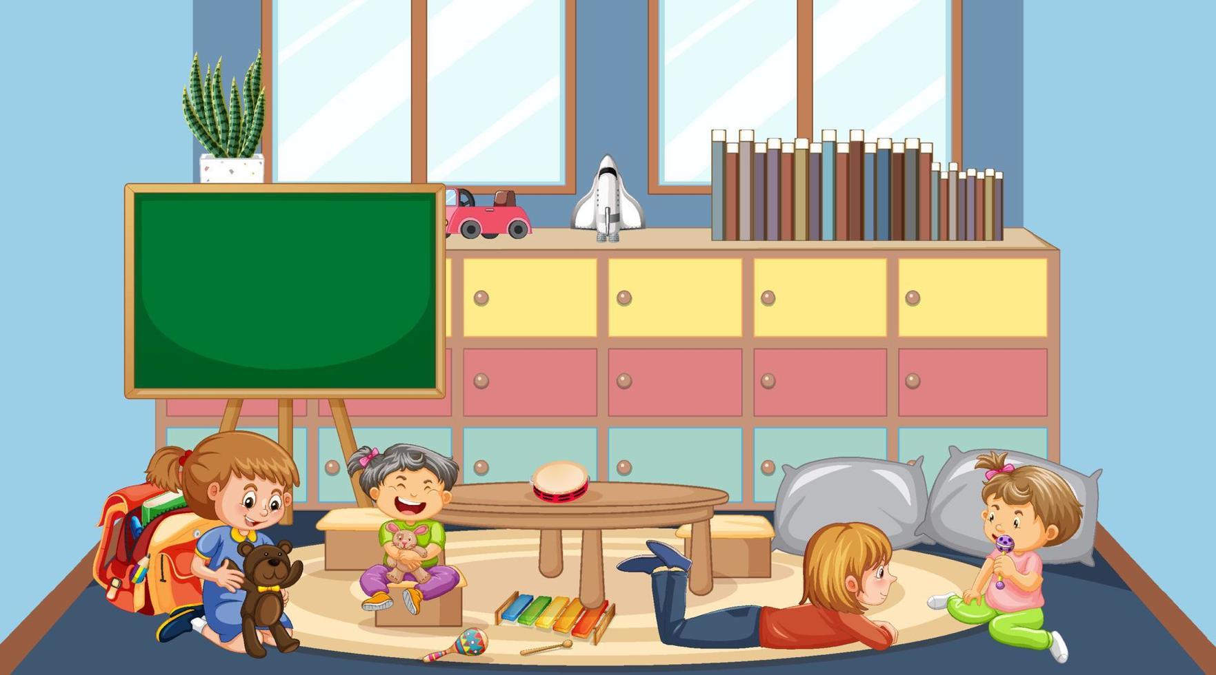 scène van klaslokaal met spelende kinderen vector