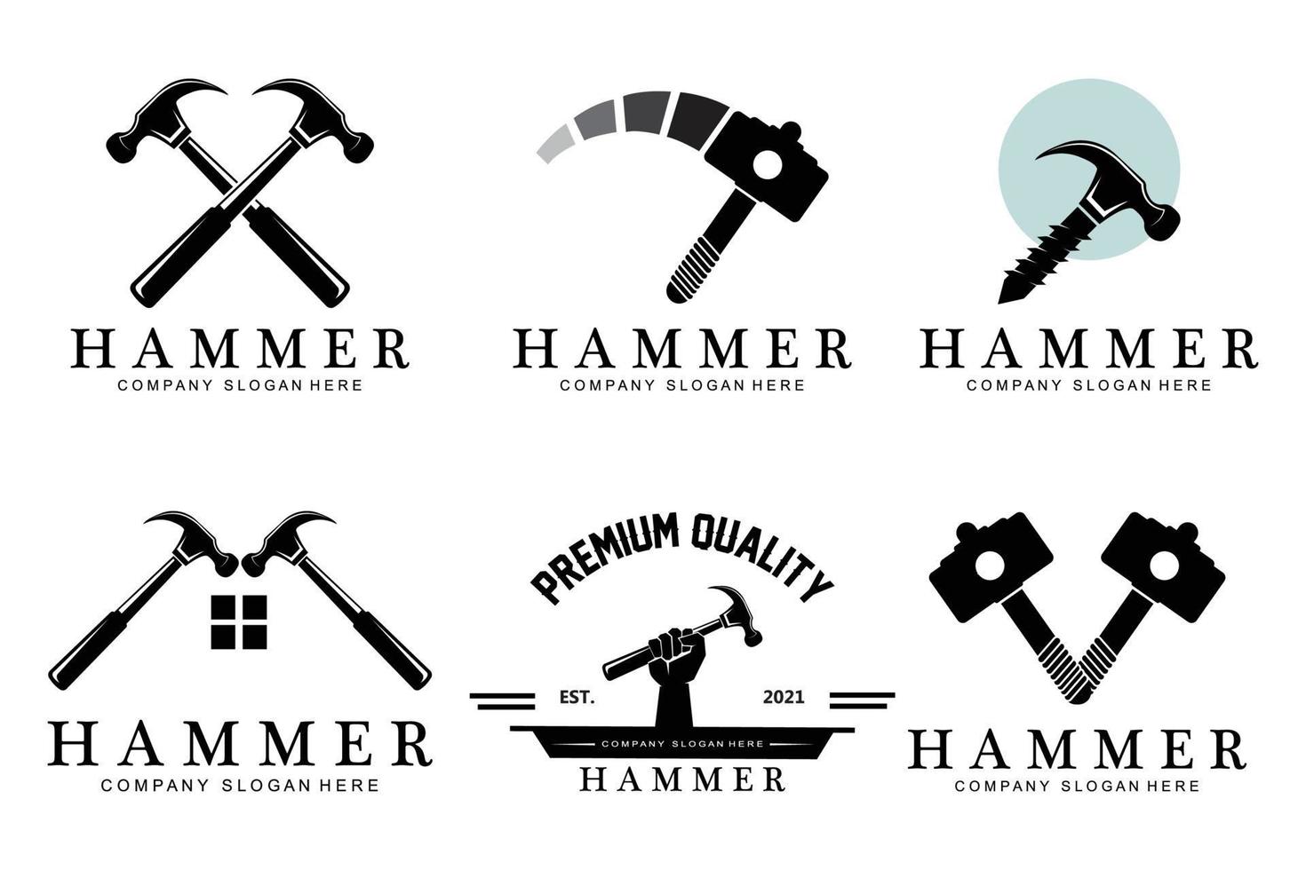 hamer, bouwconstructiehulpmiddelen en rechter logo vectorpictogram, vintage retro ontwerpillustratie vector