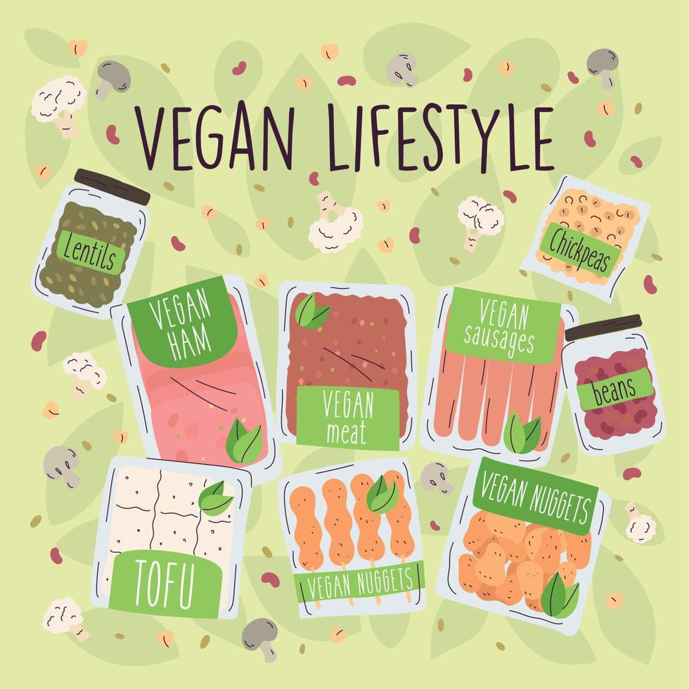 verschillende veganistische producten op een gekleurde achtergrond veganistische levensstijl vector