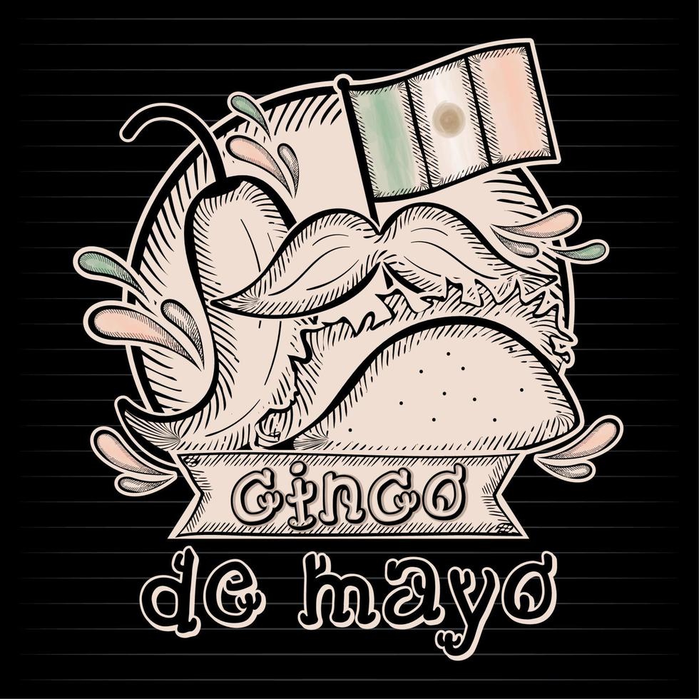 schets van traditioneel Mexicaans eten en snor vintage cinco de mayo vector