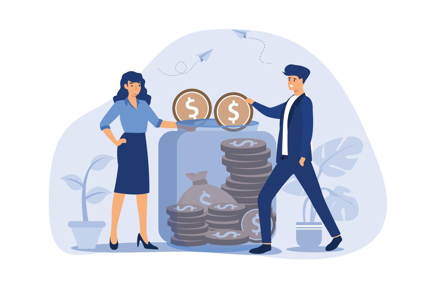 familie paar geld besparen. man en vrouw die contant geld in glazen pot steken. vectorillustratie voor financiën, aanbetaling, economie, investeringen, bankieren, concept vector