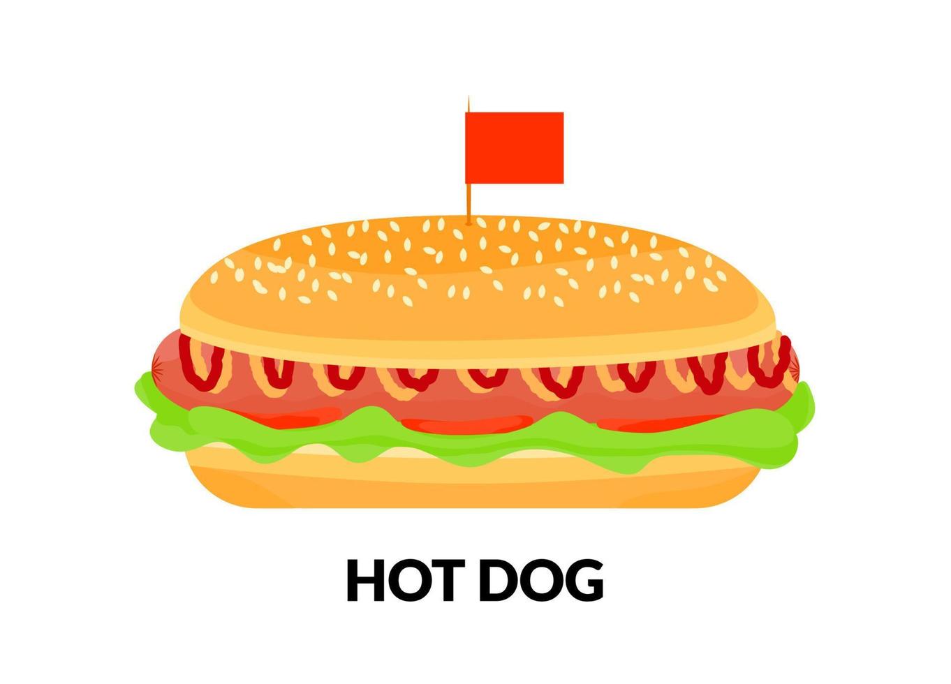 hotdog met vlag. geïsoleerde illustratie. vector. Fast food. worst, broodje, ketchup, salade, mosterd platte stijlicoon print teken symbool vector