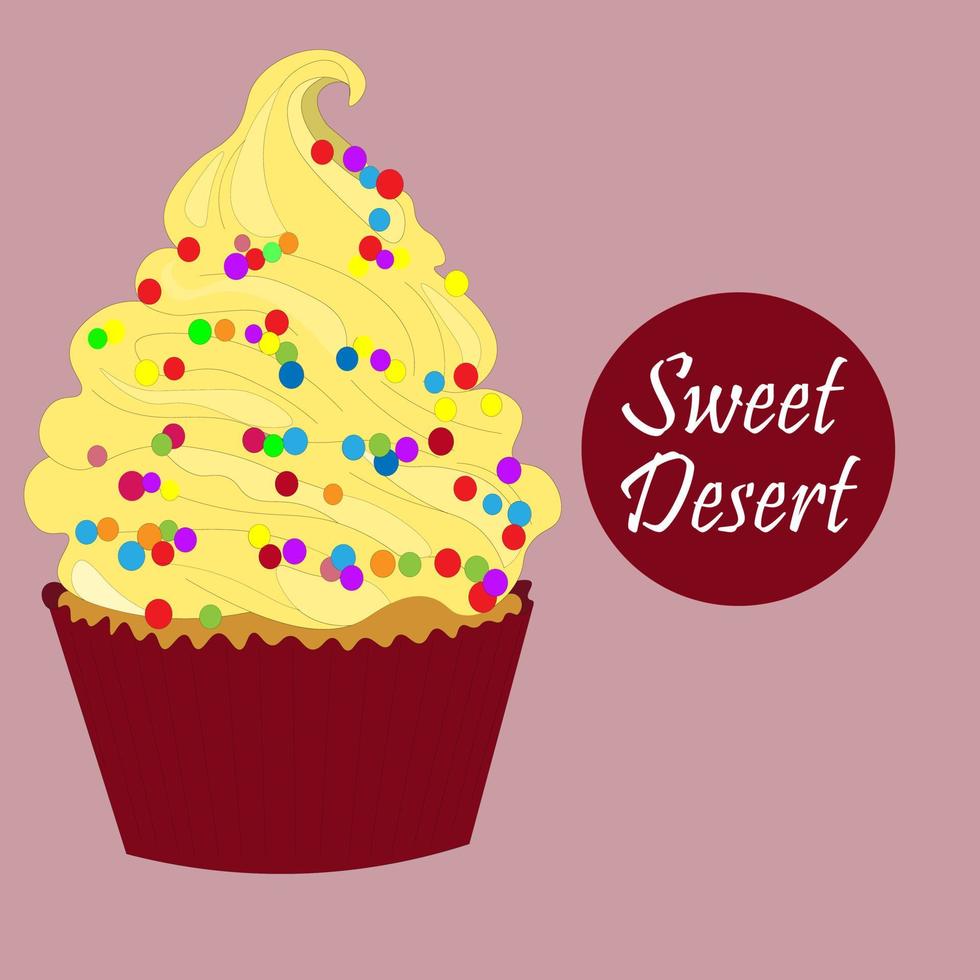 één element - cupcake met slagroom, versierd met zoetwaren veelkleurige hagelslag, besprenkeld met druppels bovenop. vectorillustratie. zoet dessert. liefste dag. cupcake dag vector