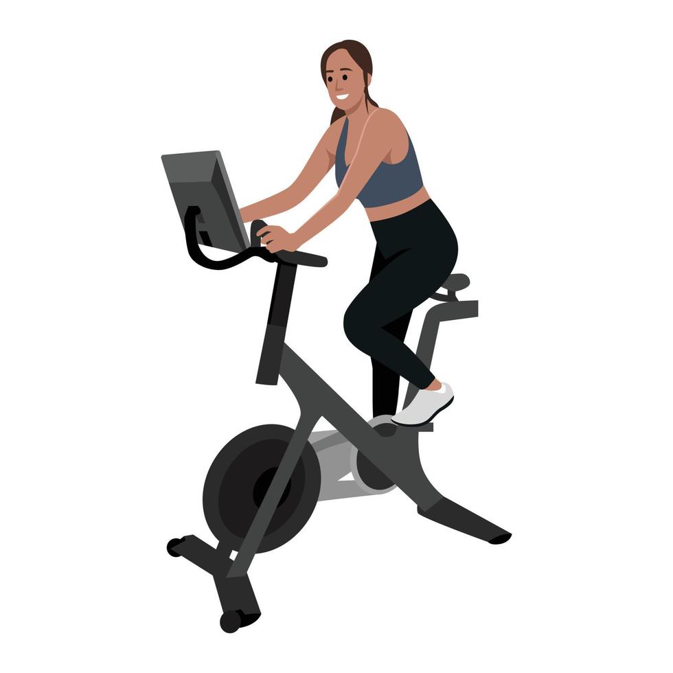 vrouw doet peloton training platte vectorillustratie geïsoleerd op een witte achtergrond vector