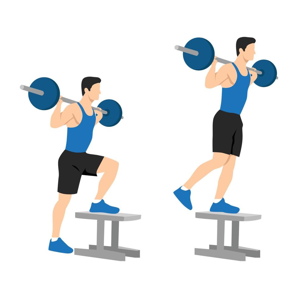 illustratie van een man die barbell step-up op de bank uitoefent. platte vectorillustratie geïsoleerd op een witte achtergrond vector