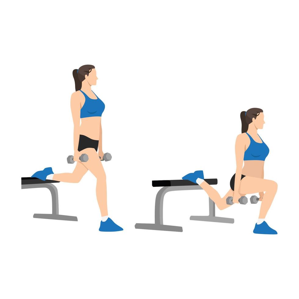 geïllustreerde oefengids door een gezonde vrouw die split squats doet in 2 stappen vector