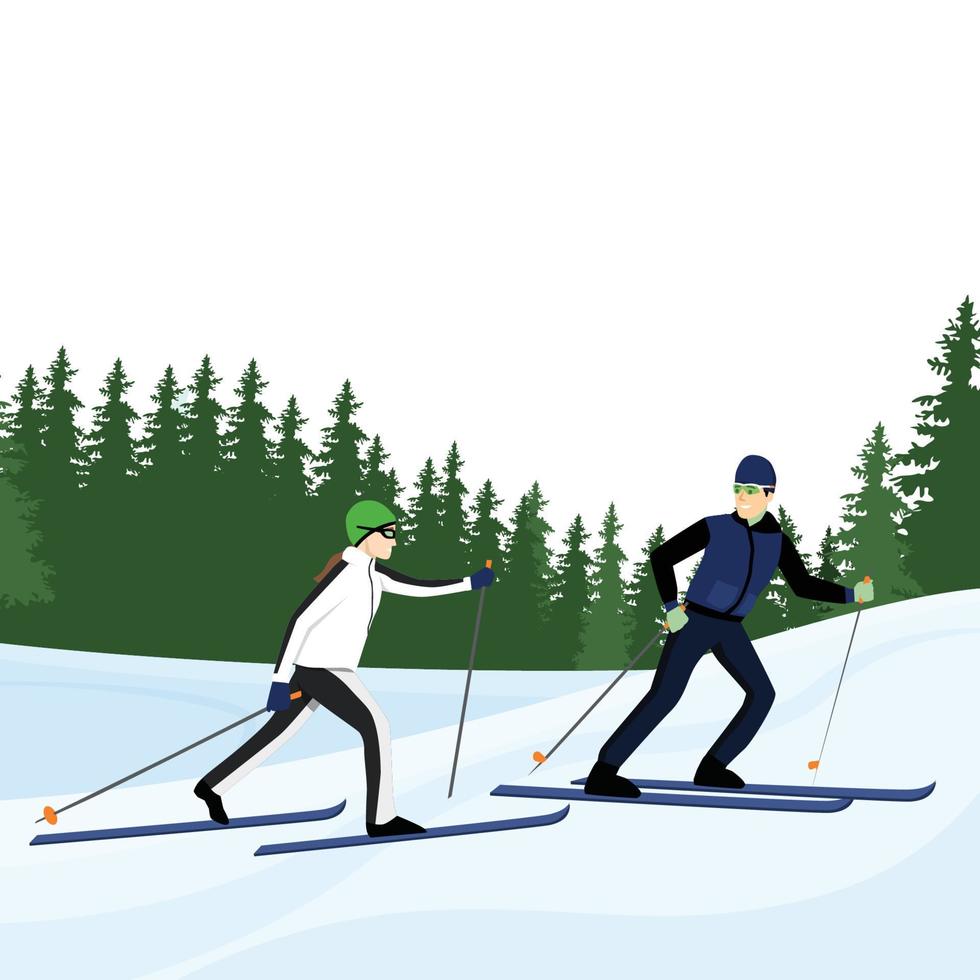 paar skiën in de bergen tegen blauwe lucht, wintersport en recreatie, wintervakantie vakantie en skigebied concept vectorillustratie. vector