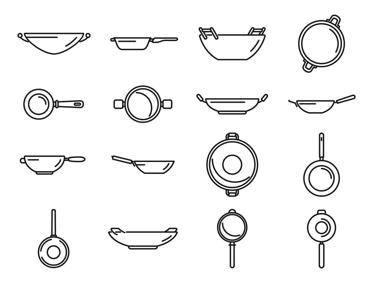 wok koekenpan pictogrammen instellen overzicht vector. vlees gereedschap vector