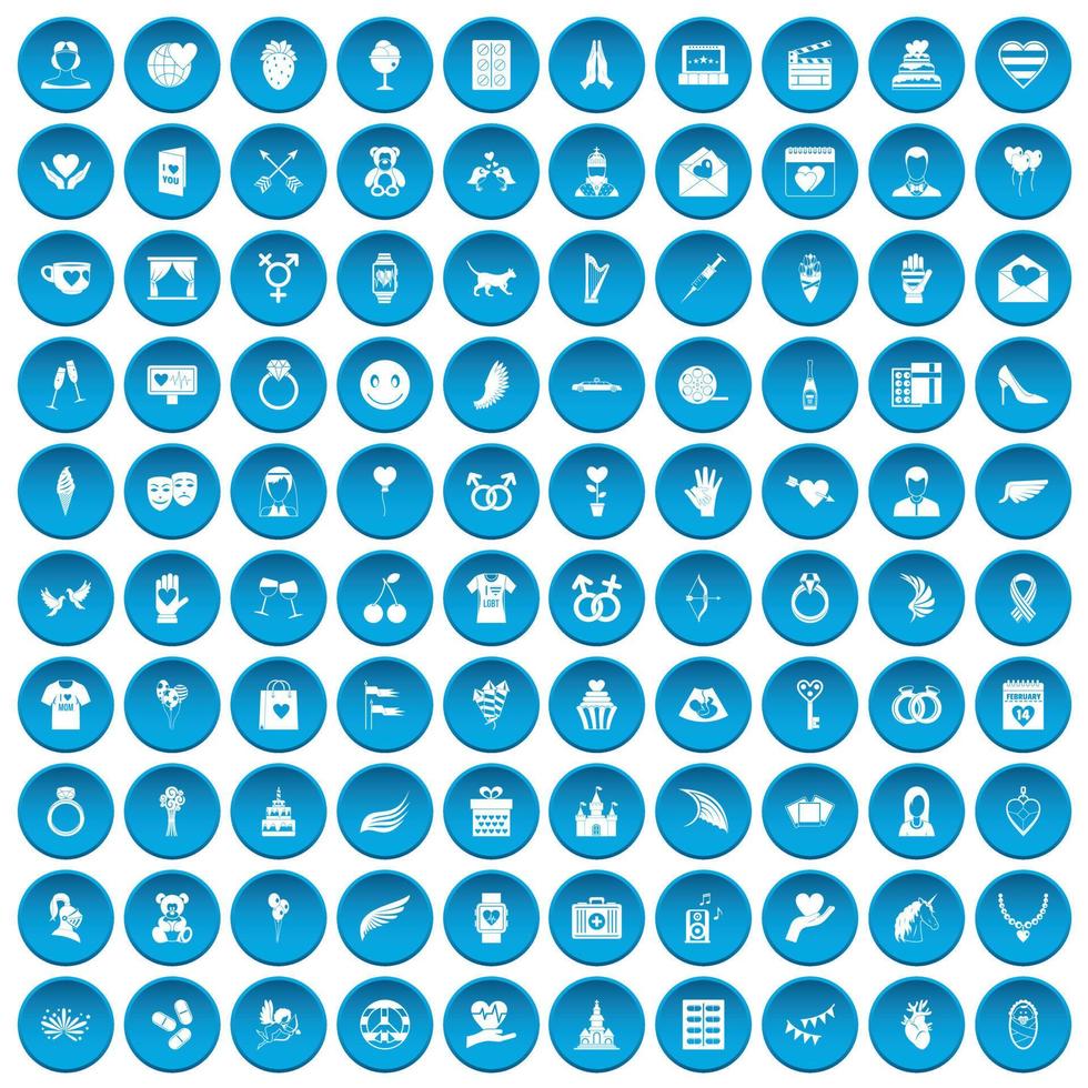 100 hart iconen set blauw vector