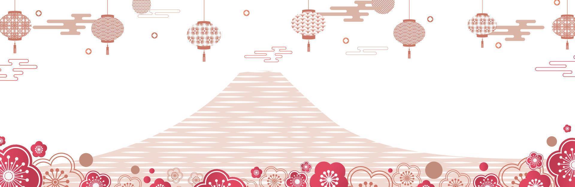 illustratie van een berg tussen bloemen, lantaarns en wolken. op de voorgrond zijn lentebloemen. Japanse en Chinese patronen. vlakke stijl. sjabloon voor een kerstkaart, banner, webpagina.vector vector