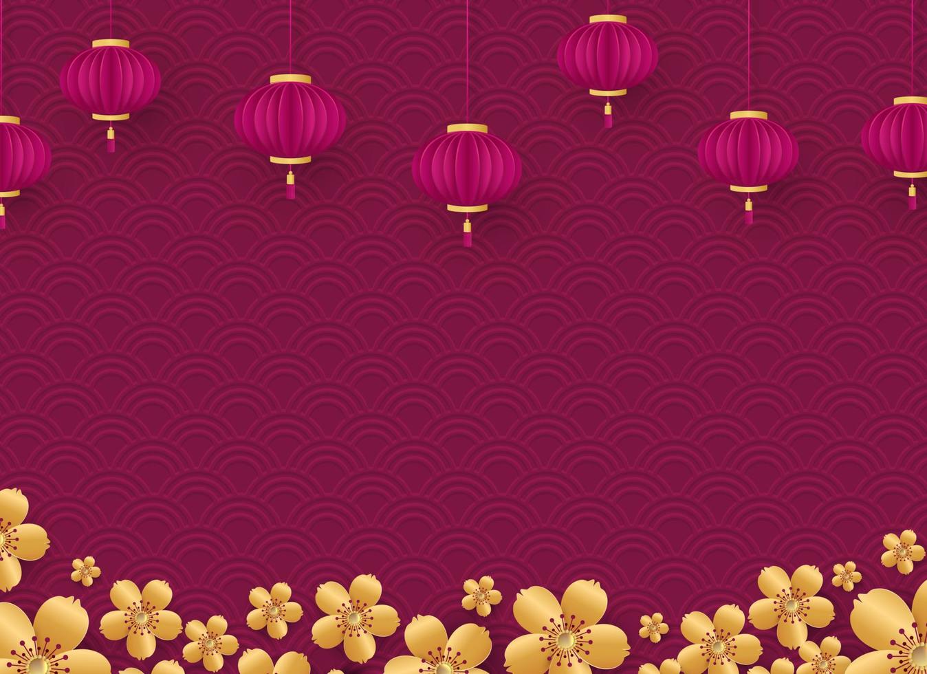 sjabloon voor een spandoek, poster, kerstkaart. gouden bloemen van kersen en chinese lantaarns op bordofom achtergrond met belettering. vector illustration.a plek voor uw tekst.