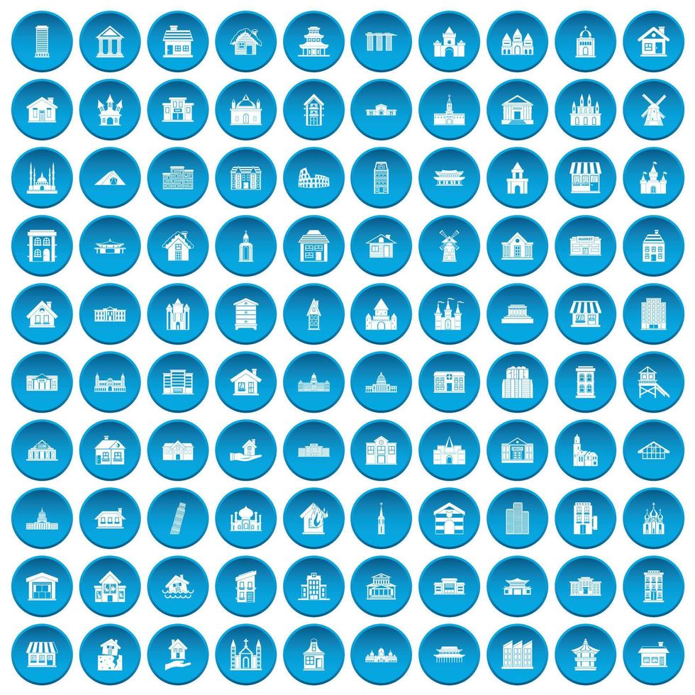 100 gebouw iconen set blauw vector