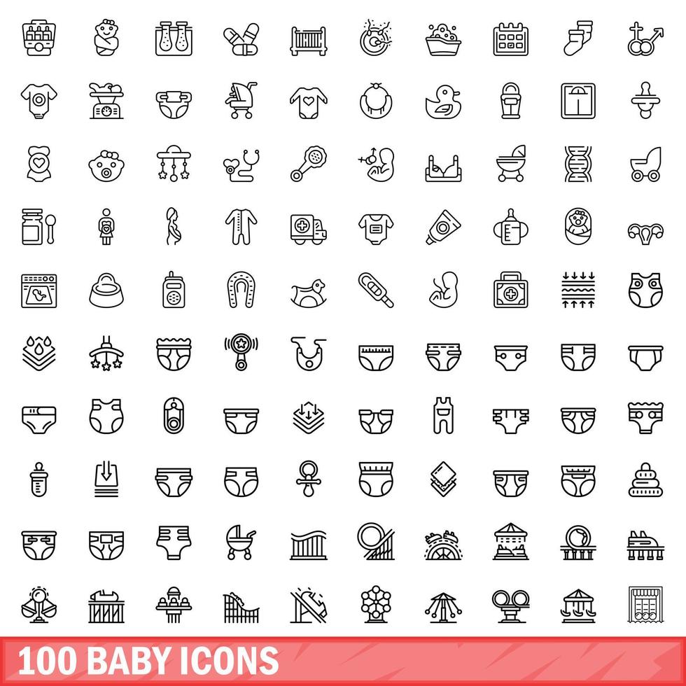 100 baby iconen set, Kaderstijl vector