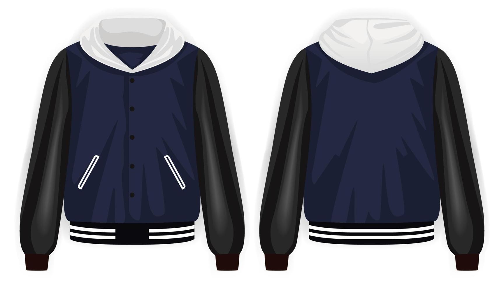 blauw, zwart en wit varsity-jack met hoodie voor- en achteraanzicht, vectormodelillustratie vector