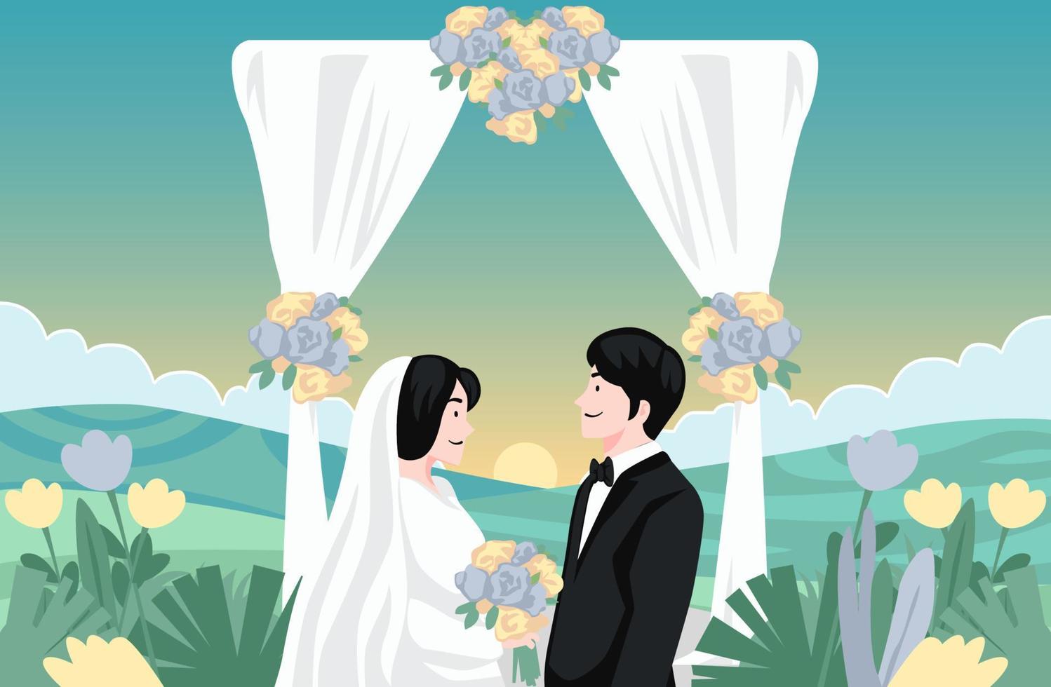kleurrijke huwelijksdag bruid en bruidegom paar huwelijksceremonie met heuvellandschap en landschap vectorillustratie vector