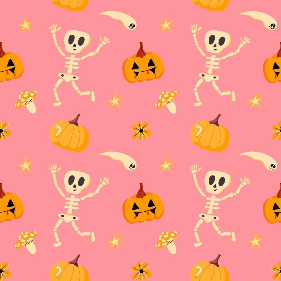 vectorpatroon met een grappig skelet, pompoenen en spoken, in een vlakke stijl op een roze achtergrond. illustratie voor halloween, t-shirts, cadeaupapier, ansichtkaarten, banners vector