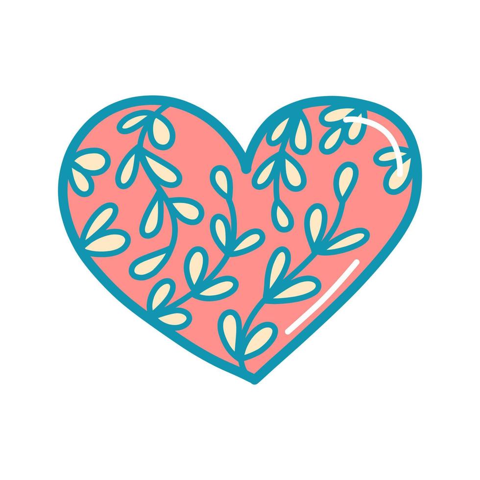 vector roze hart met twijgen in een doodle-stijl, jaren 80-stijl, Valentijnsdag, geïsoleerd element op een witte achtergrond. romantische illustratie voor ansichtkaarten, posters, stickers, bedrukking op kleding.