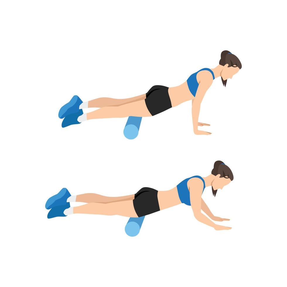 vrouw doet foam roller quadriceps stretch oefening. platte vectorillustratie geïsoleerd op een witte achtergrond vector