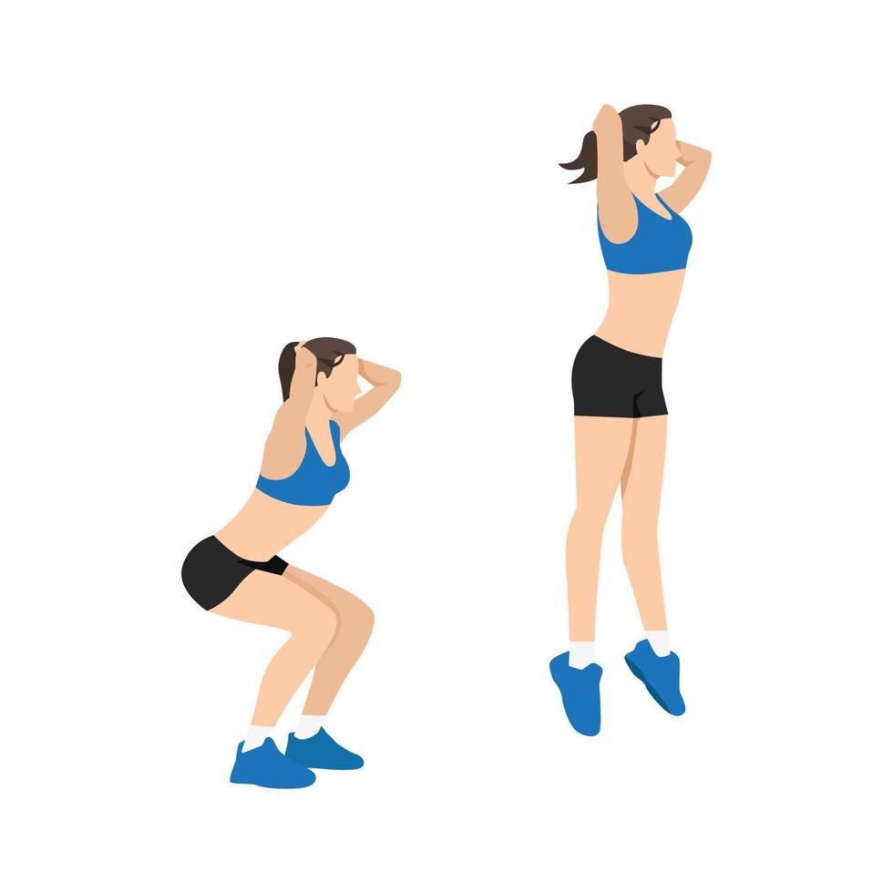 vrouw doet sprong squats oefening platte vectorillustratie geïsoleerd op een witte background vector