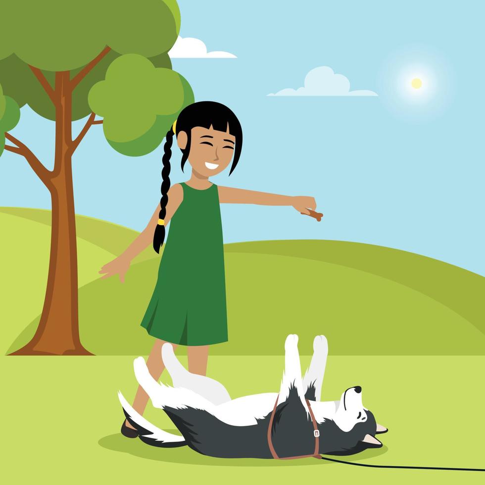 vrolijk meisje spelen met hond in het park. platte vectorillustratie geïsoleerd op een witte achtergrond vector