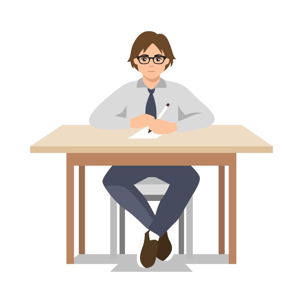 gelukkige jongen studeren met boeken. student jongen aan de balie schrijven voor haar huiswerk. terug naar school. aan tafel studeren. studieconcept. platte vectorillustratie. vector