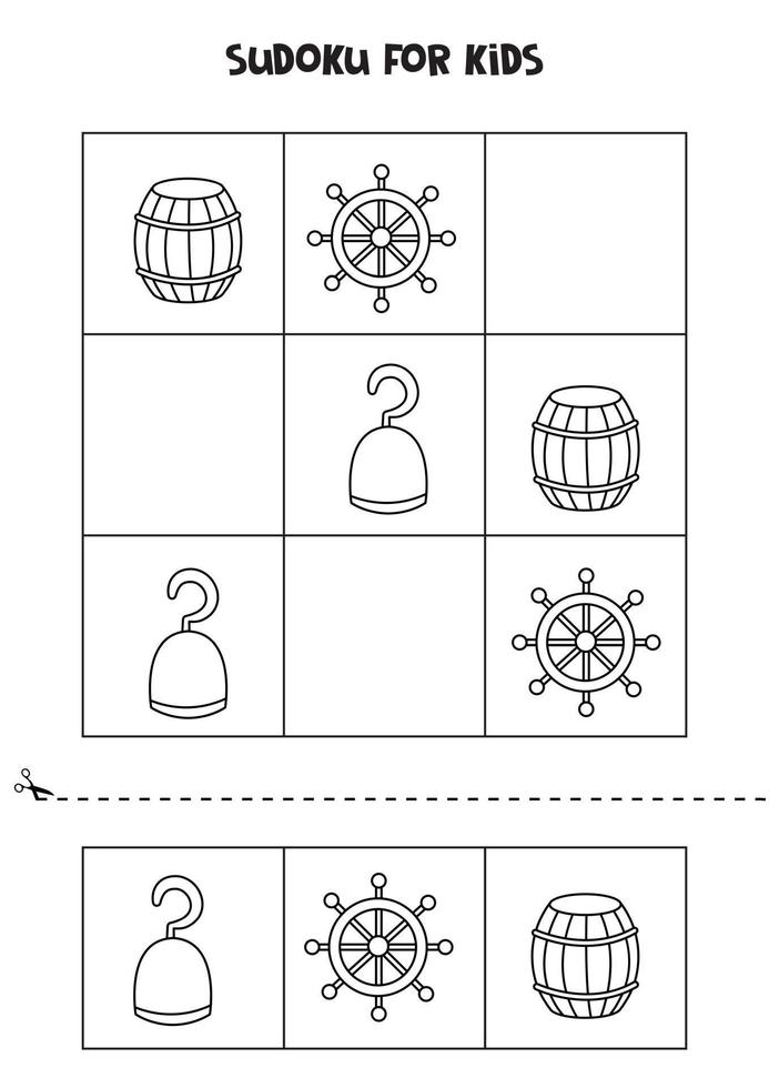 sudoku-spel voor kinderen met zwart-witte piratenelementen. vector