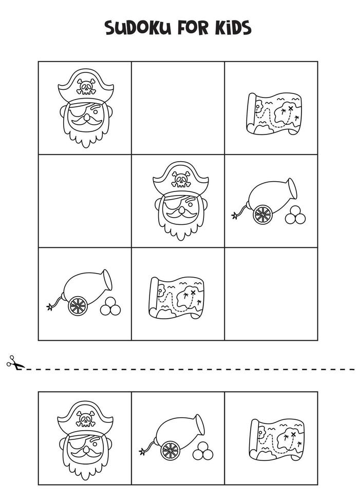 sudoku-spel voor kinderen met zwart-witte piratenelementen. vector