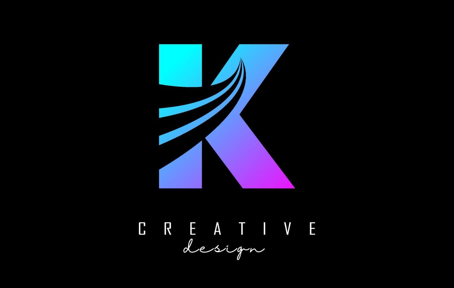 kleurrijk letter k-logo met leidende lijnen en wegconceptontwerp. letter k met geometrisch ontwerp. vector