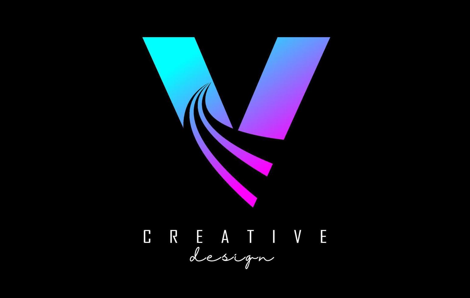 kleurrijk letter v-logo met leidende lijnen en wegconceptontwerp. letter v met geometrisch ontwerp. vector