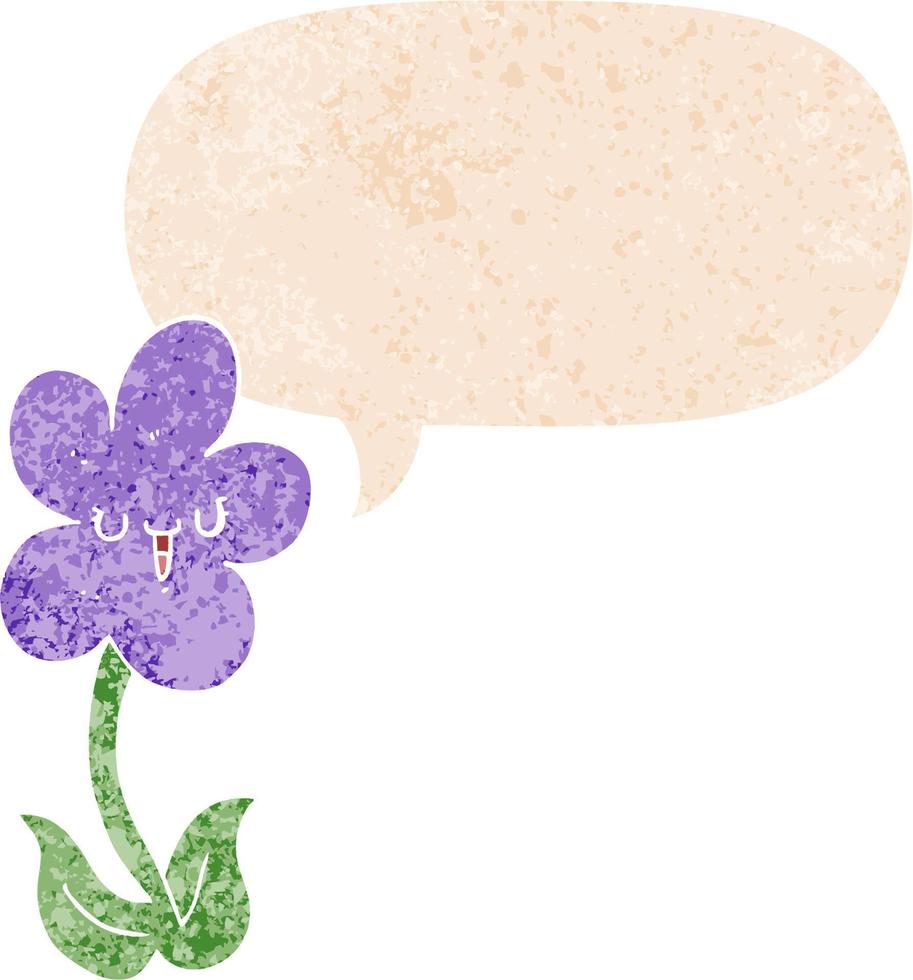 cartoon bloem met blij gezicht en tekstballon in retro getextureerde stijl vector