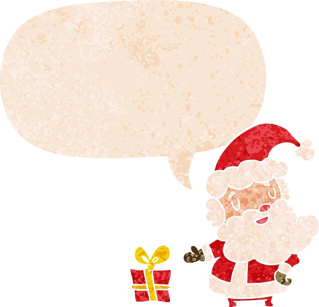 cartoon kerstman en tekstballon in retro getextureerde stijl vector