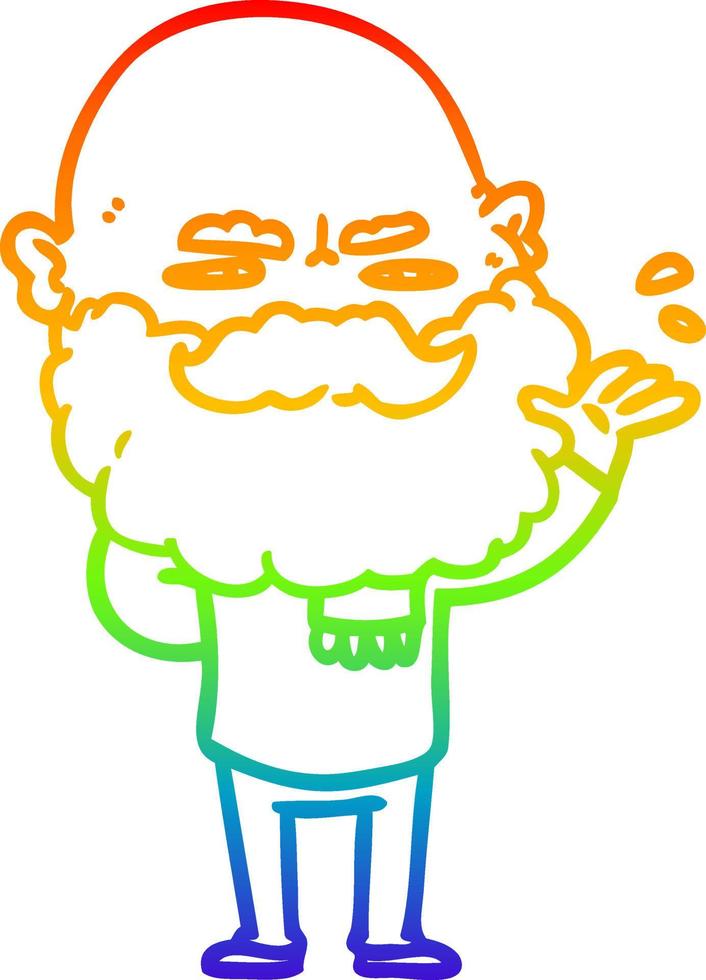 regenbooggradiënt lijntekening cartoon minachtende man met baard fronsend vector