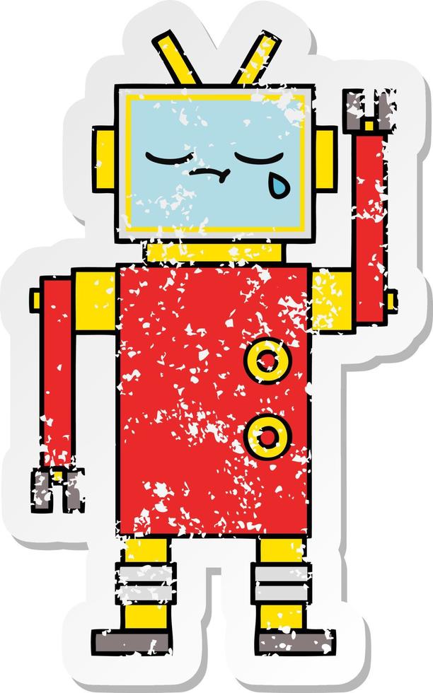 noodlijdende sticker van een schattige cartoon huilende robot vector