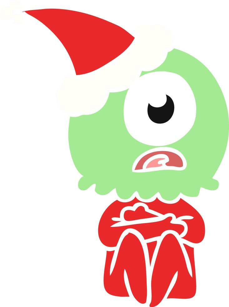 egale kleurenillustratie van een cyclops buitenaardse ruimtevaarder die een kerstmuts draagt vector