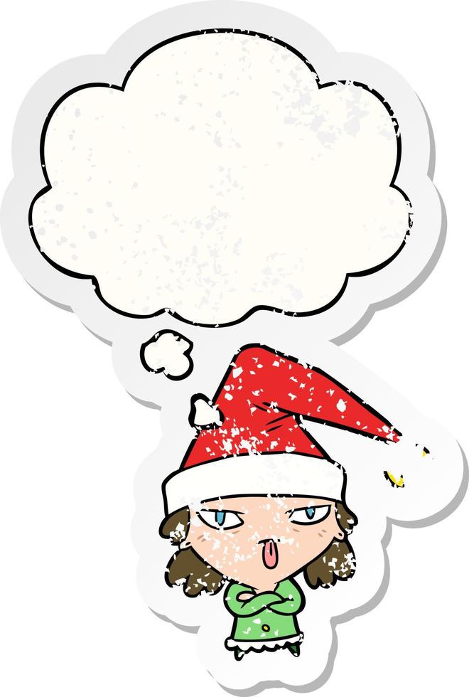 cartoon meisje met kerstmuts en gedachte bel als een versleten versleten sticker vector